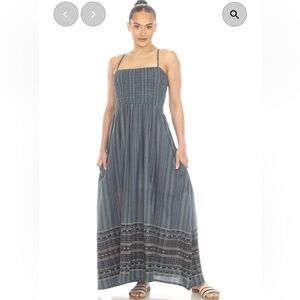 Larkhays Sahara Border Print Maxi Dress Blue Cotton Made in Nepal M/L